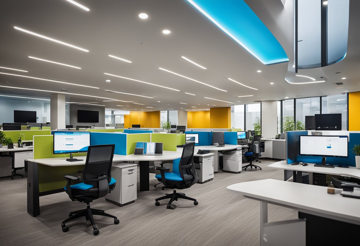 A modern, sleek office space with cutting-edge technology, open floor plan, ergonomic furniture, and vibrant color scheme. Multiple workstations, collaborative areas, and high-tech equipment create a dynamic and innovative work environment