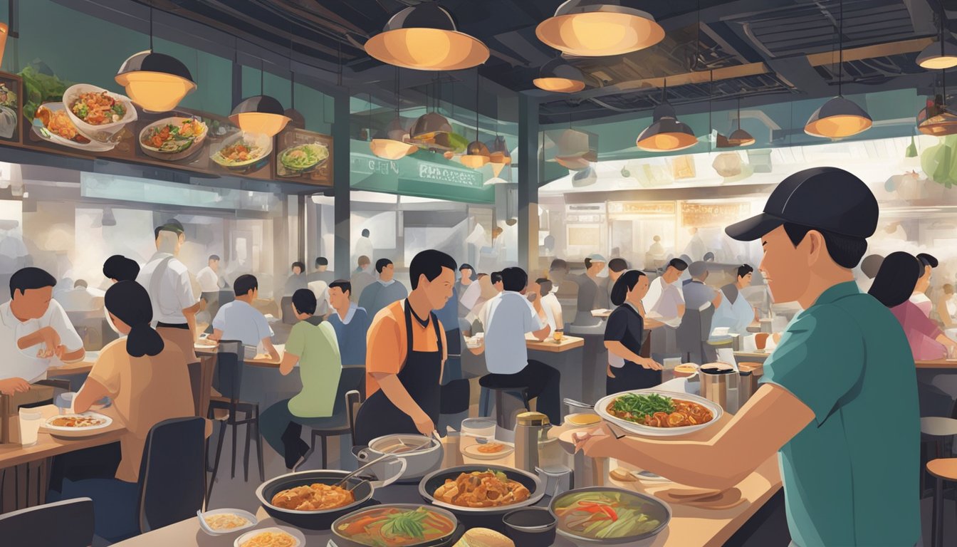 Customers enjoying diverse cuisines at Balestier's bustling restaurants. Aromatic steam rises from sizzling dishes as chefs work in open kitchens