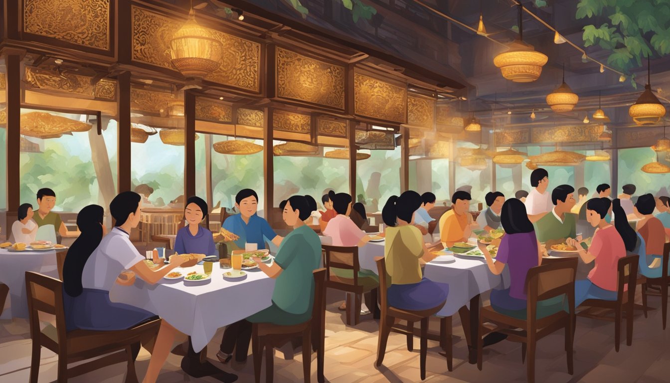Customers enjoy authentic Thai cuisine at the bustling Bugis restaurant. The aroma of spices fills the air as waitstaff attend to diners