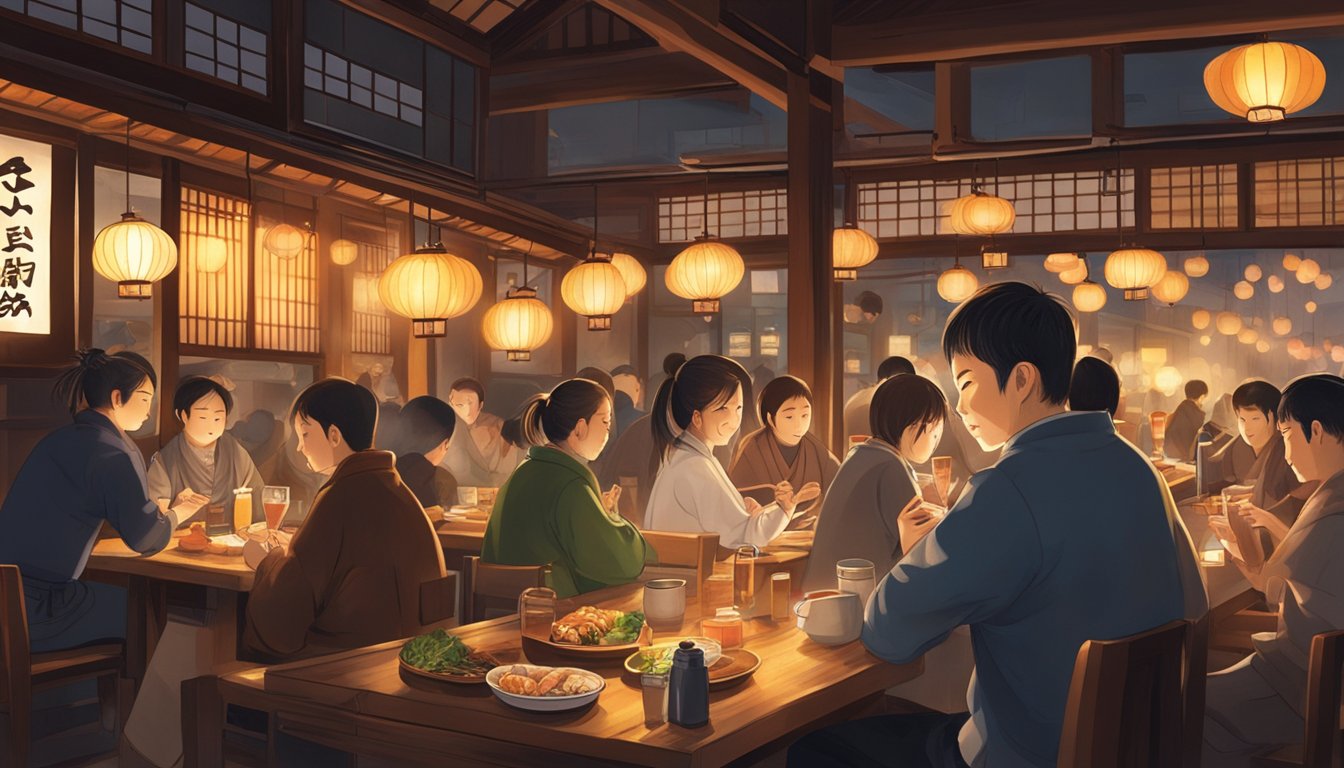 The bustling izakaya glows with warm lantern light, as patrons chatter over sizzling yakitori and clinking glasses of sake