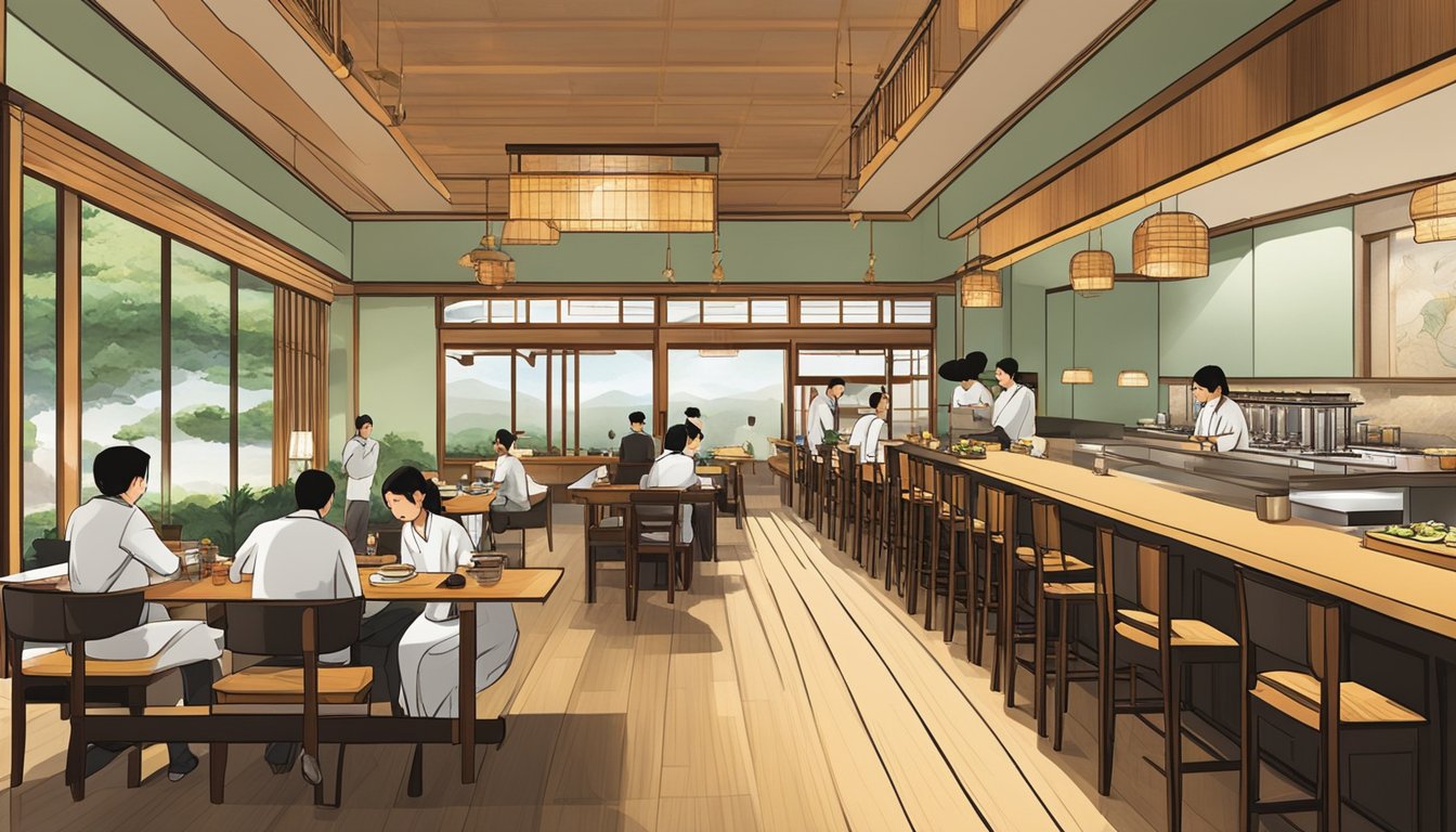Customers enjoy dining at Yuzu Japanese restaurant, with traditional decor and a serene ambiance. Sushi chefs prepare fresh dishes behind the counter while waitstaff attend to tables