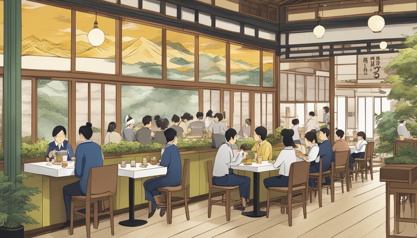 A bustling Japanese restaurant with customers enjoying their meals, waiters serving dishes, and a sign displaying "Frequently Asked Questions" about yuzu
