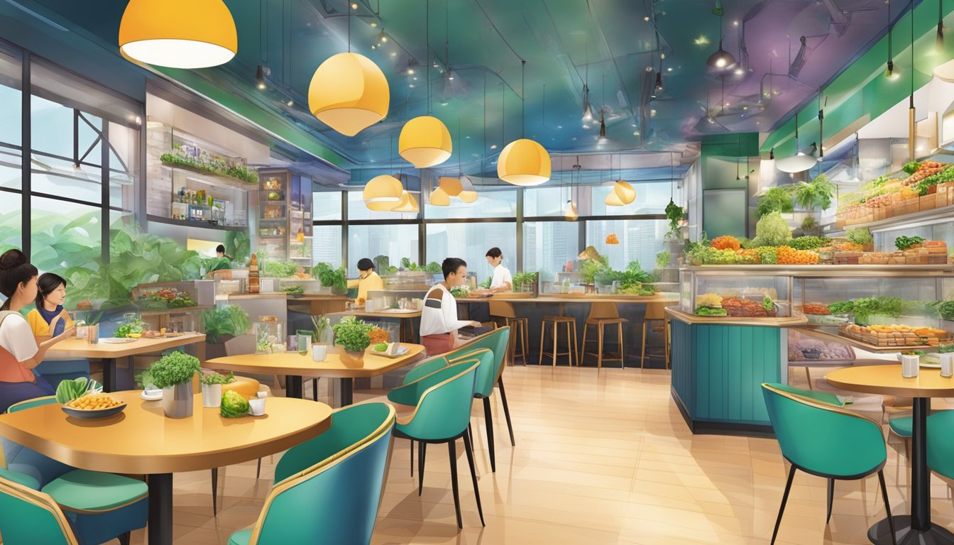 A bustling vegetarian restaurant in Suntec City, with vibrant decor and a variety of colorful, fresh ingredients on display