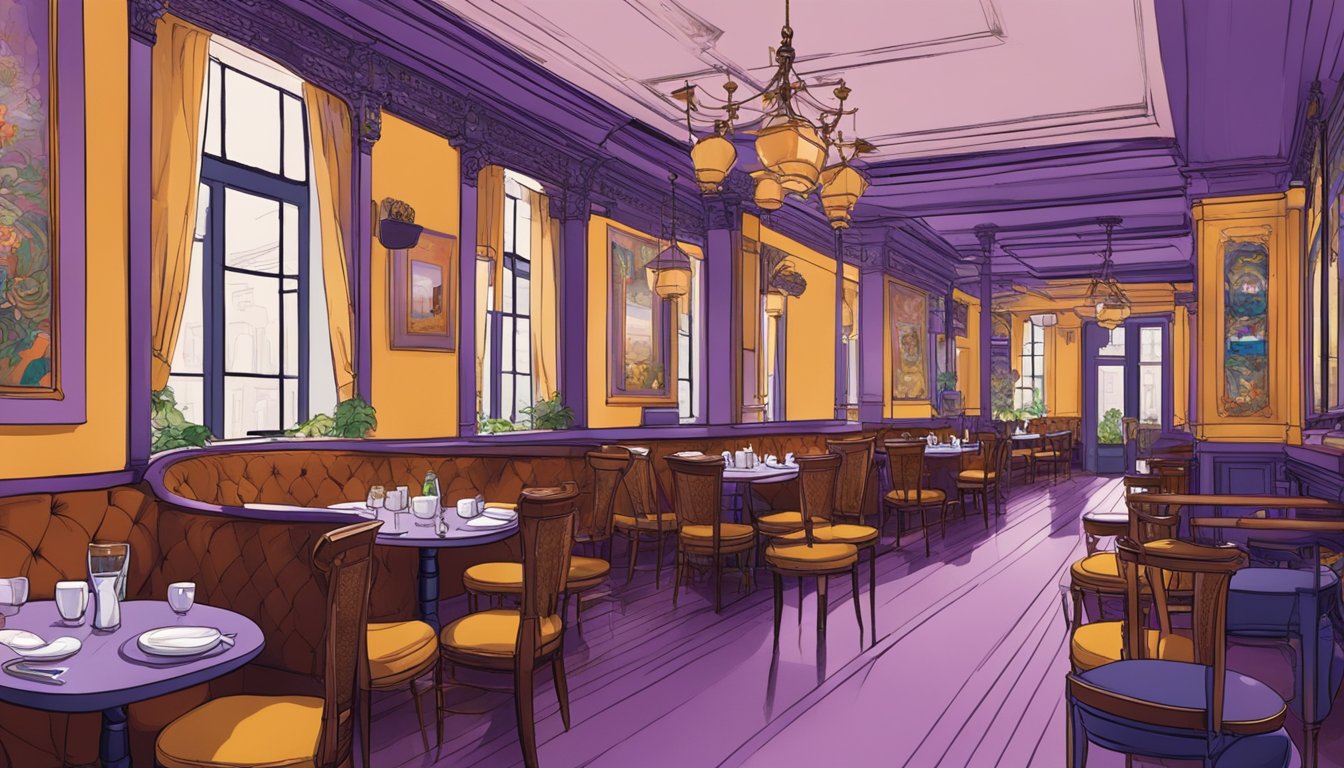 The bustling interior of Violet Oon restaurant, with richly colored walls, ornate furniture, and a lively atmosphere