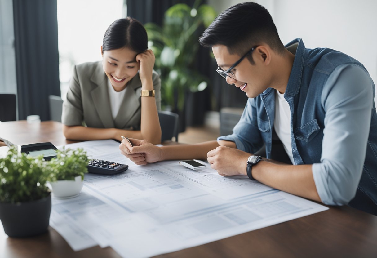 A couple sits at a table with blueprints and a calculator, discussing their budget home renovation in Singapore