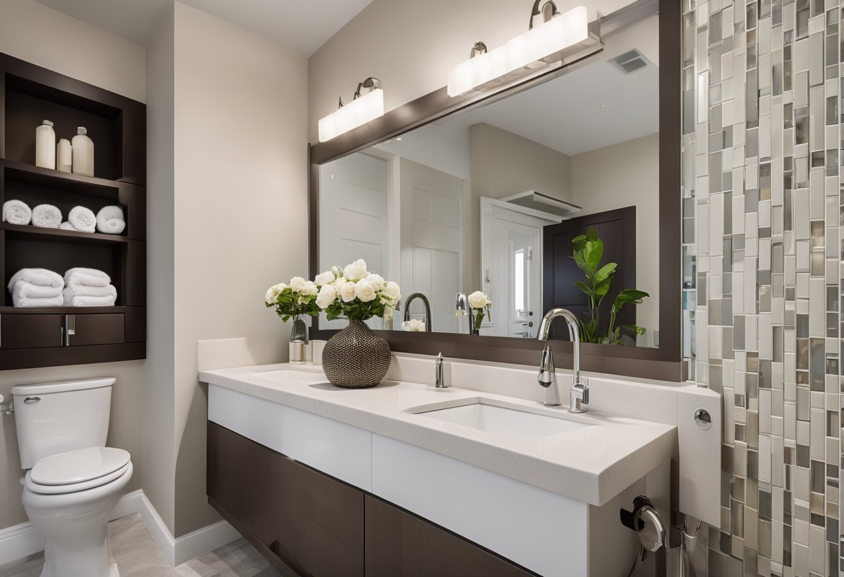 A bathroom with new fixtures, tiles, and a modern design. A sign advertises "Frequently Asked Questions bathroom renovation package deals."