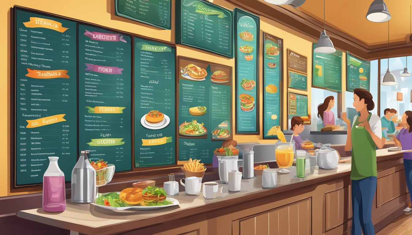 A colorful menu board hanging on the wall of a bustling family restaurant, featuring a variety of delicious dishes and drinks