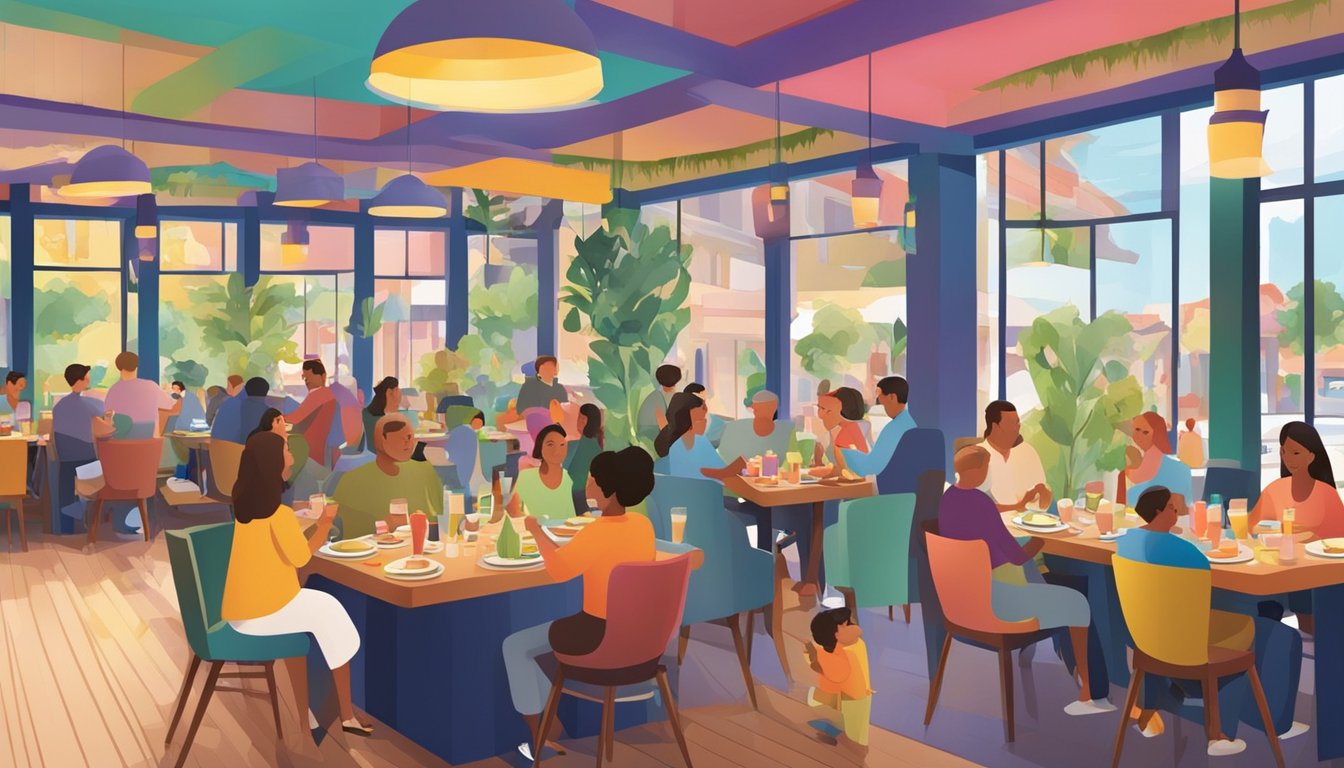 Families enjoying a meal in a bustling restaurant with colorful decor and a welcoming atmosphere