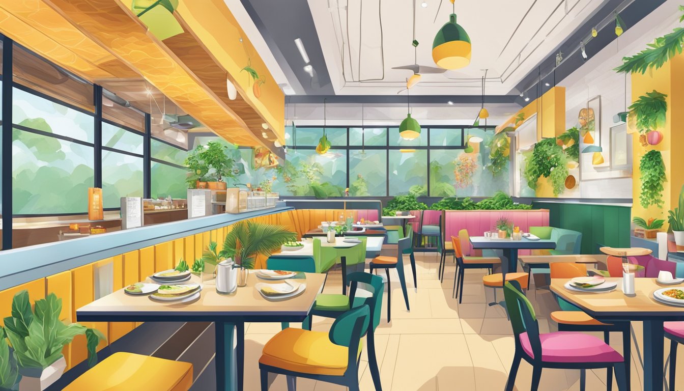 A bustling vegetarian restaurant in Tampines, with colorful decor and an array of fresh, vibrant dishes on display