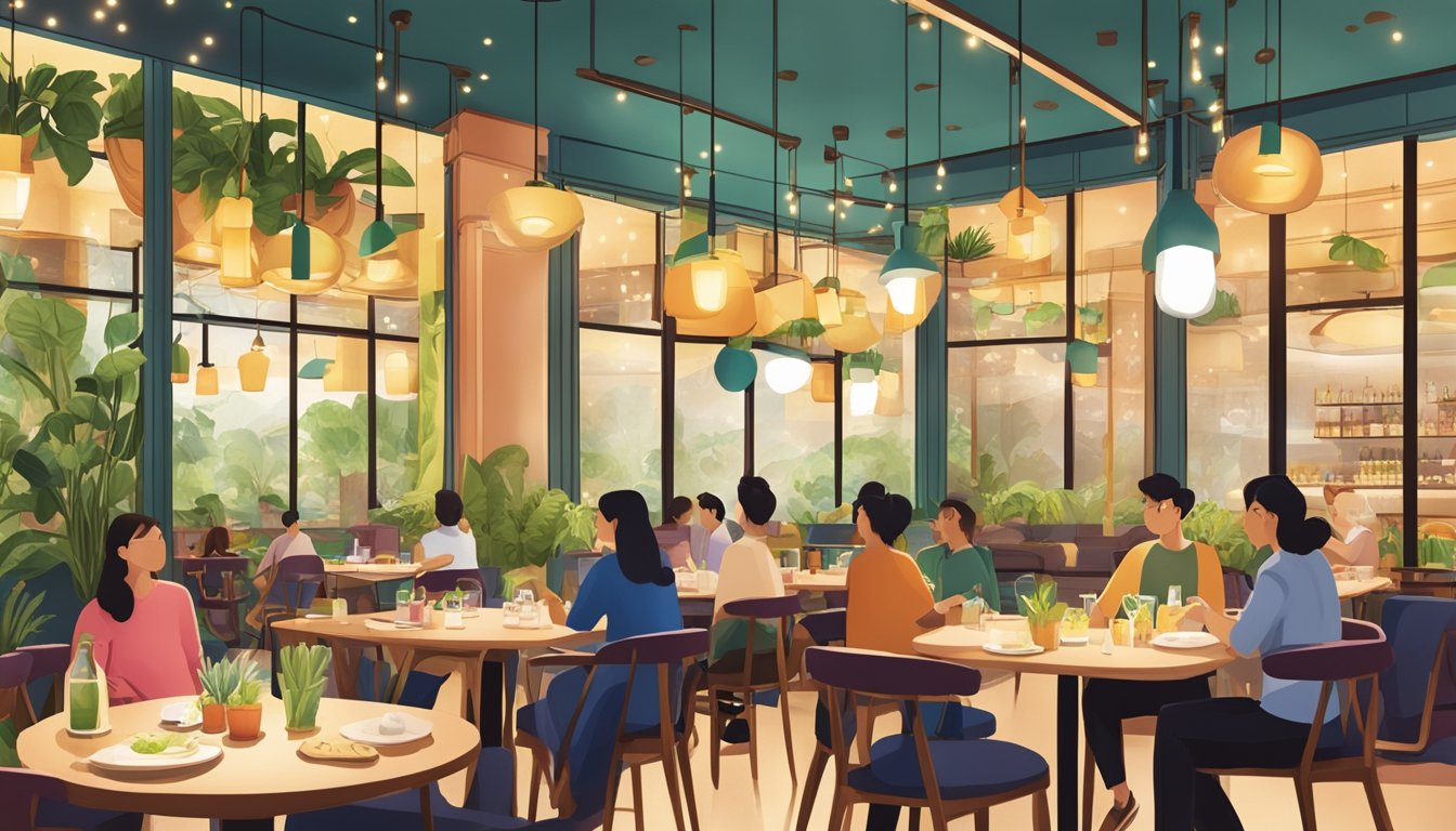 A vibrant vegetarian restaurant in Suntec, filled with diners enjoying colorful plant-based dishes under the warm glow of hanging pendant lights