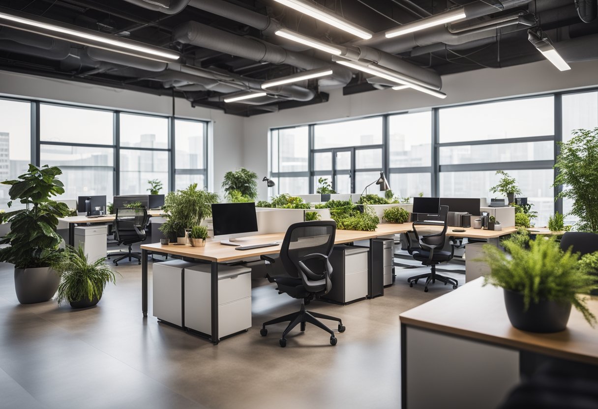 A spacious, well-lit office with ergonomic furniture, plants, and modern technology. Open floor plan with separate quiet spaces for focused work