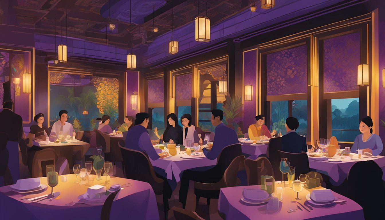 Customers dining in the elegant, dimly lit interior of Violet Oon restaurant, surrounded by rich, colorful decor and the inviting aroma of Southeast Asian cuisine