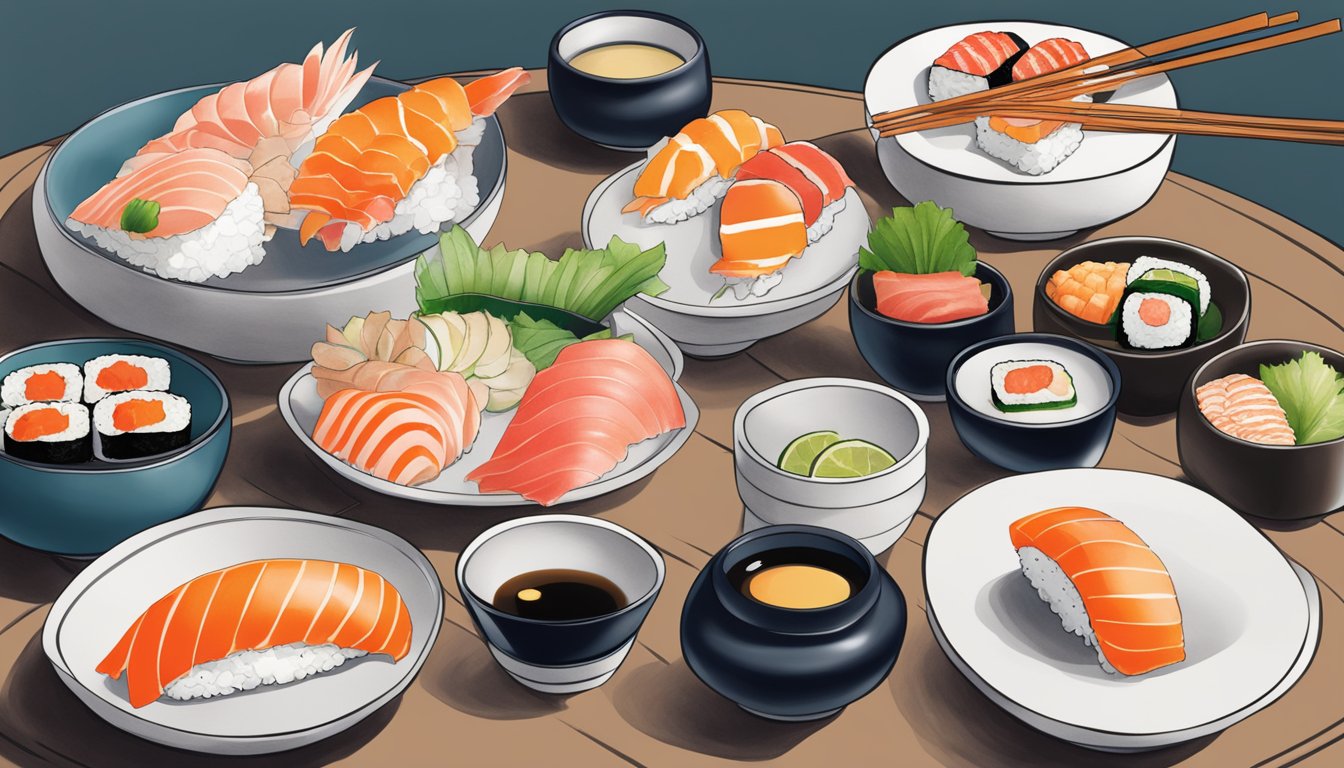 A table set with sushi, sashimi, and sake at Tomo Izakaya