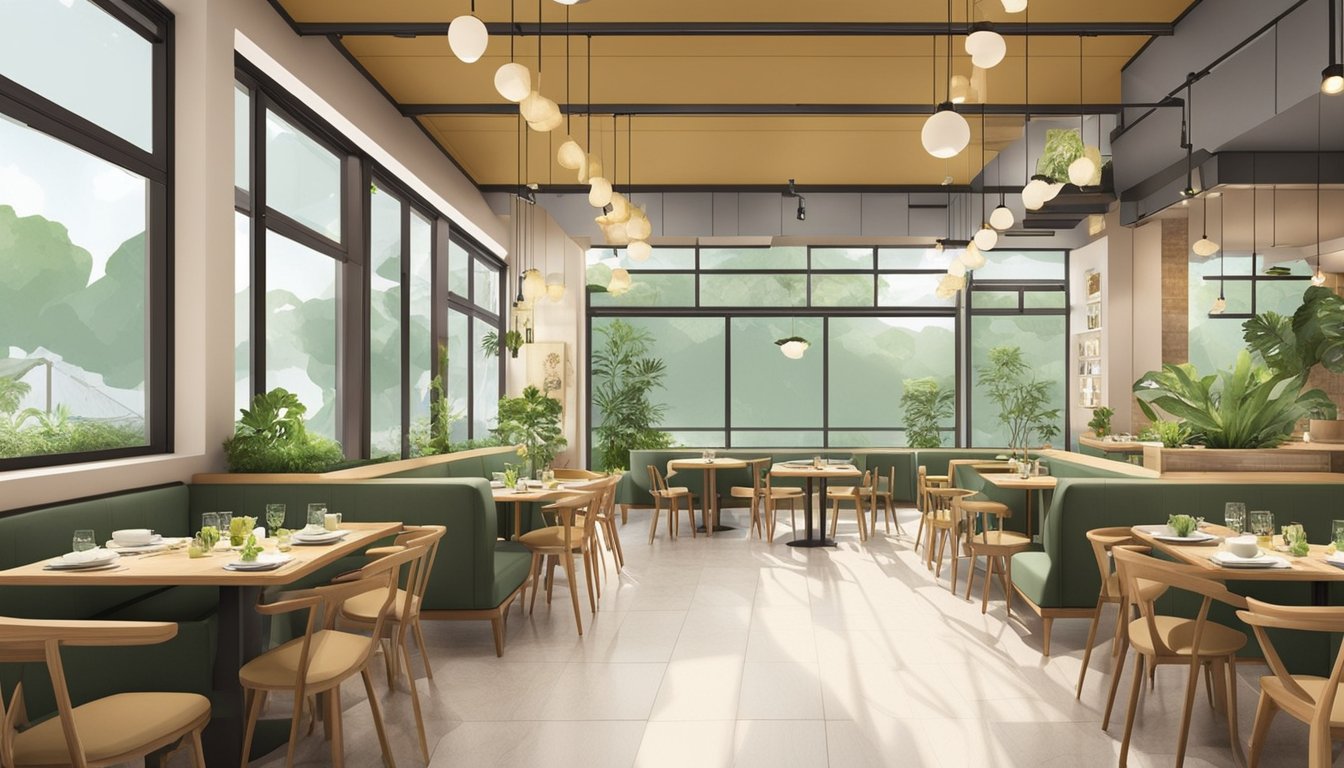 The vegetarian restaurant in Tampines is easily accessible with wide doorways and a ramp. The interior is equipped with comfortable seating, and the space is filled with natural light from large windows