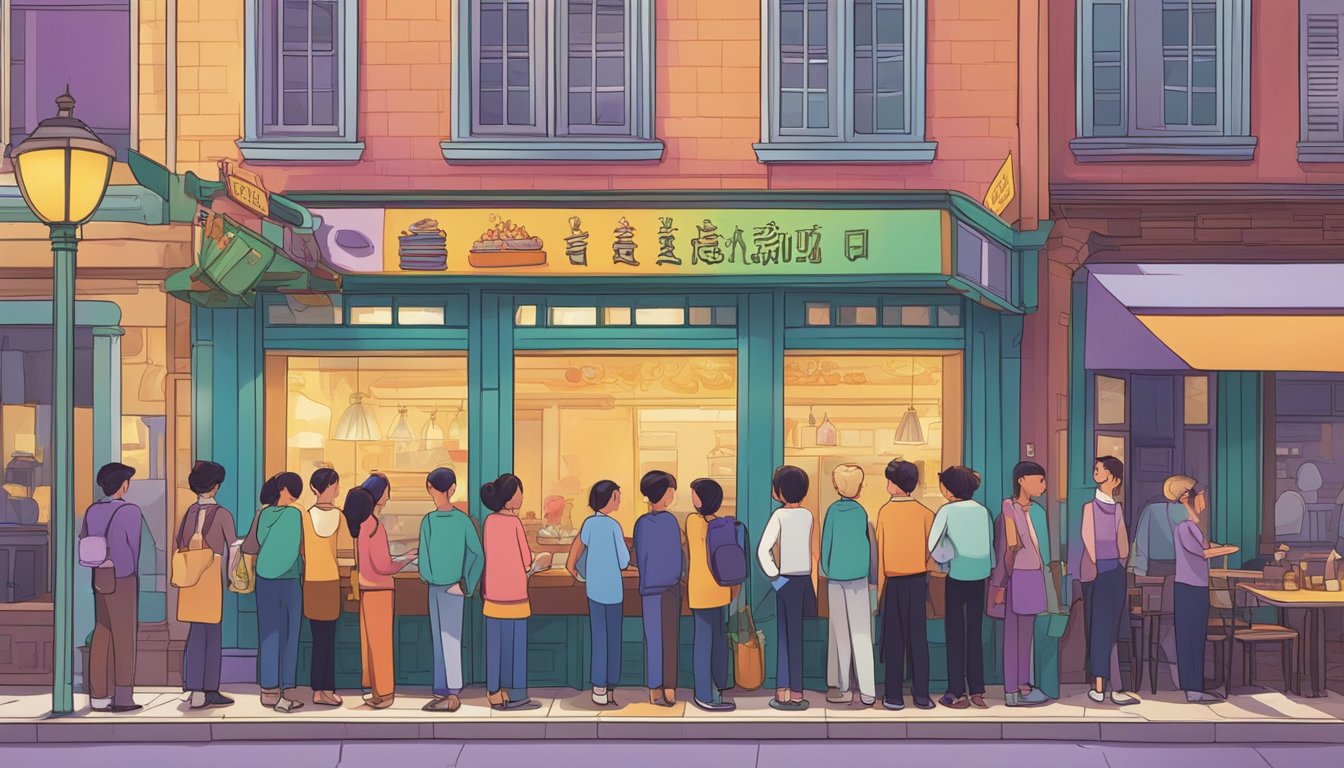 Customers line up outside the vibrant restaurant, eagerly waiting to taste the renowned dishes. The signboard proudly displays "Frequently Asked Questions" by Violet Oon