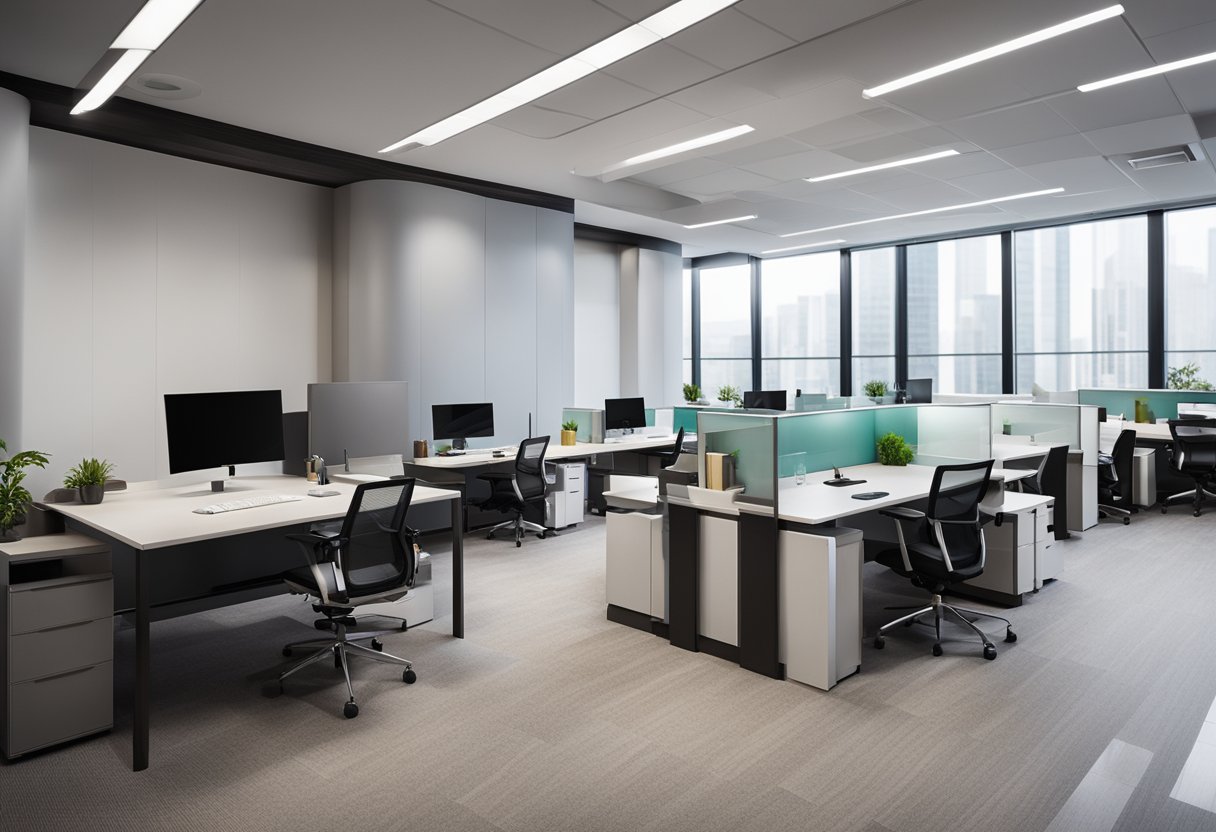The office space features sleek, modern furniture arranged in a spacious and organized layout, maximizing efficiency and comfort