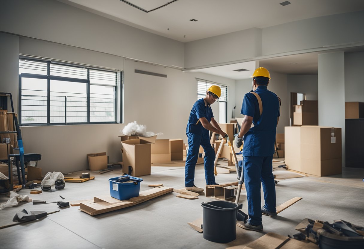 A team of workers renovates a budget home in Singapore. Materials and tools are scattered around the space as they work on improving the space