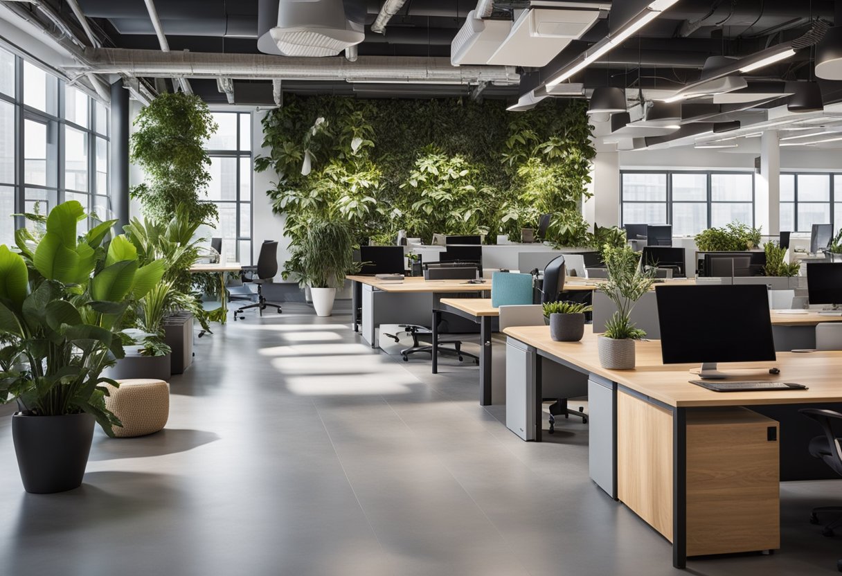 A modern, open-concept office with natural light, ergonomic furniture, and collaborative workspaces. Plants and artwork add a touch of creativity, while soundproof rooms offer privacy for meetings