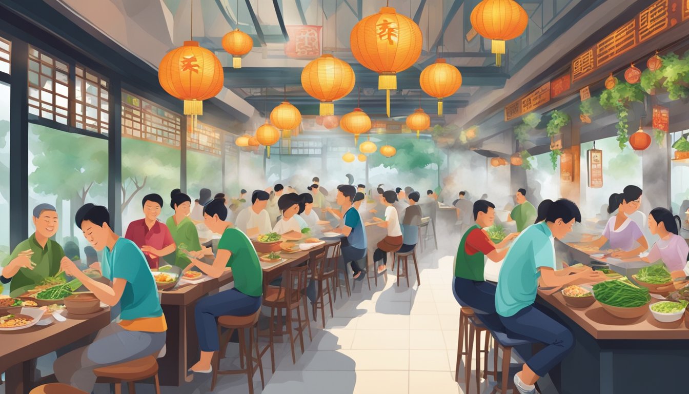 A bustling Chinese vegetarian restaurant in Singapore, with steaming woks, colorful ingredients, and happy diners enjoying their meals