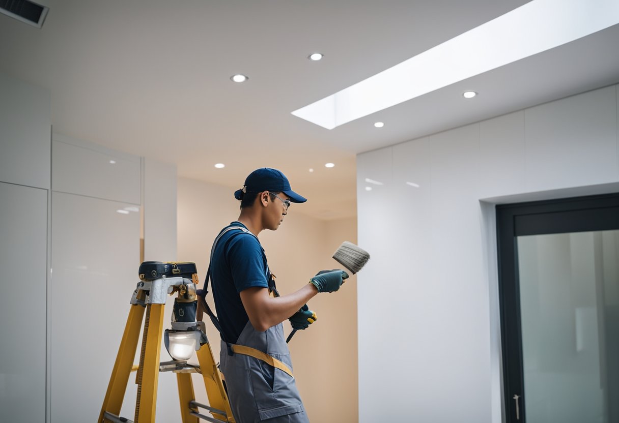 A contractor renovates a house in Singapore, painting walls and installing new fixtures