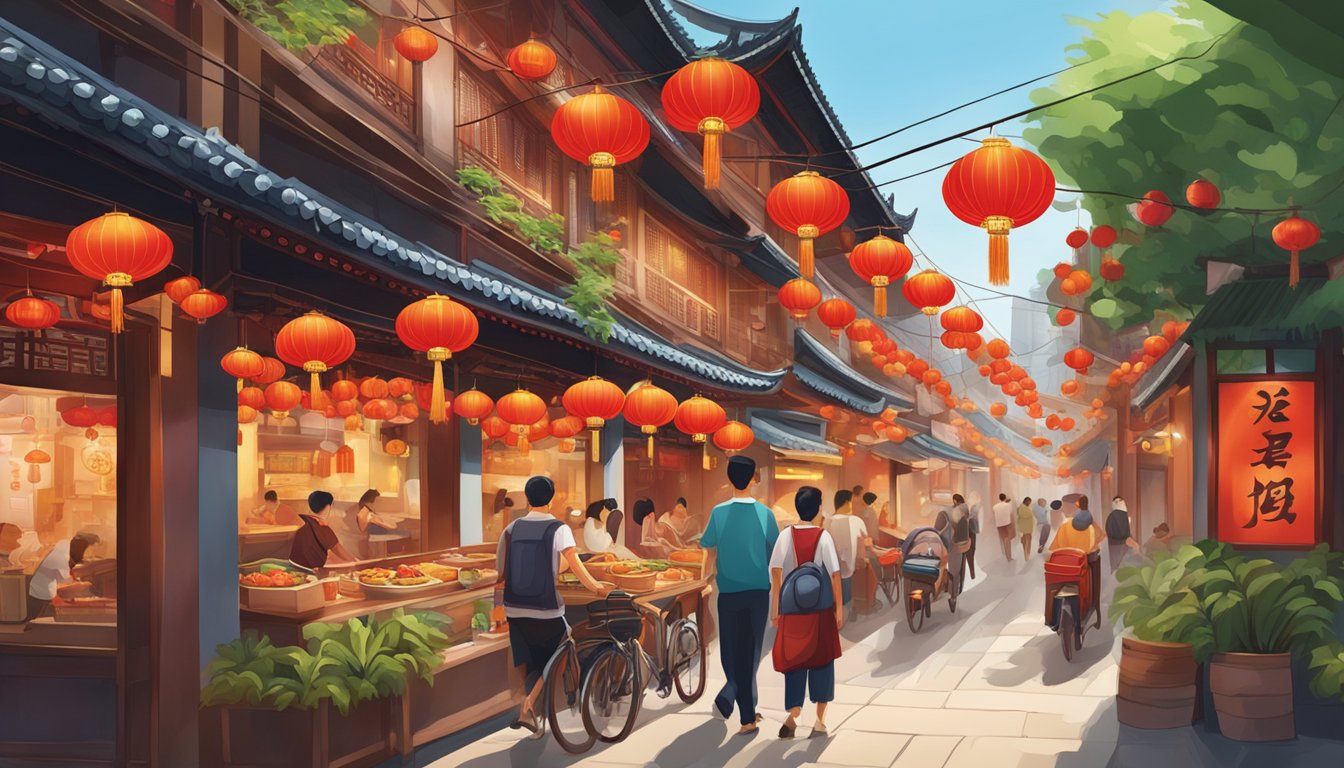 A bustling street lined with traditional Chinese architecture, adorned with vibrant red lanterns and filled with the enticing aromas of sizzling woks and simmering broths from the best Chinese vegetarian restaurants in Singapore