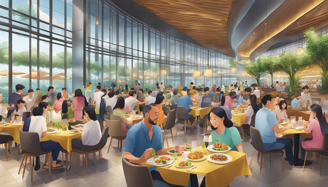 A bustling restaurant scene at Jewel Changi Airport, with colorful dishes and diverse cuisines being served to eager diners