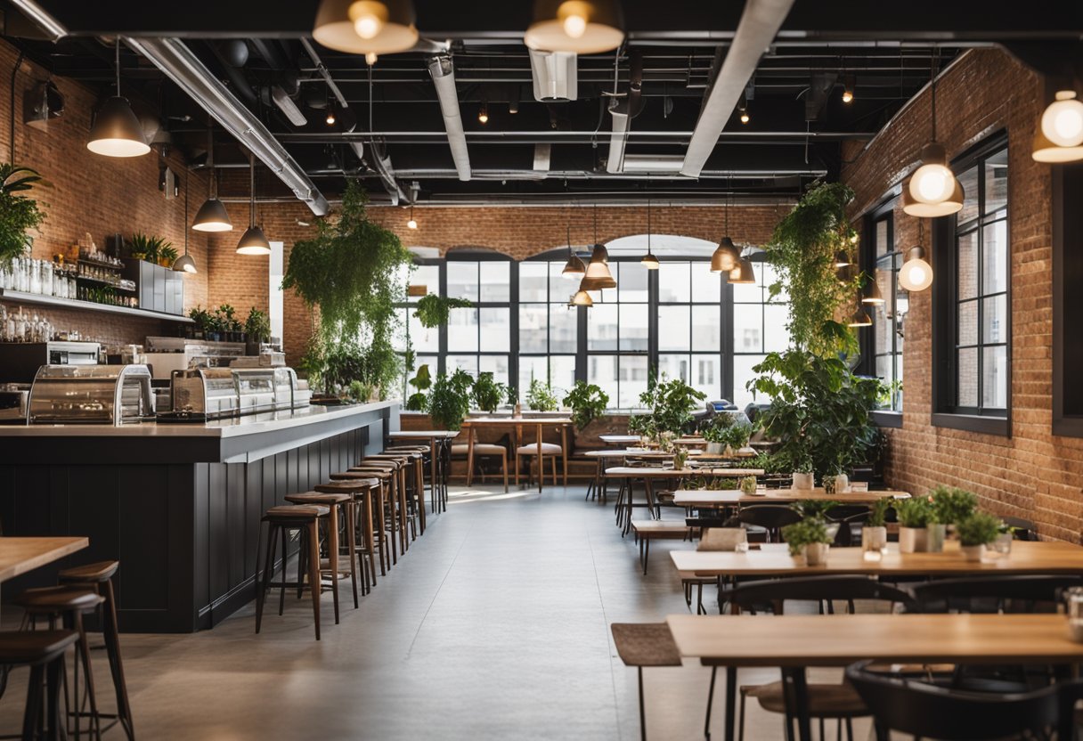 A bright and airy cafe with exposed brick walls, hanging plants, and cozy seating areas. A large communal table in the center and a coffee bar with a sleek, modern design