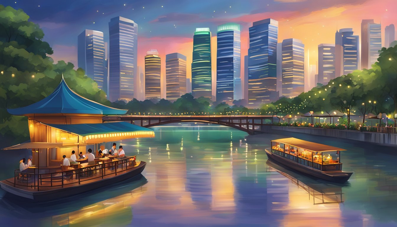 A floating restaurant in Singapore, with colorful lanterns and lush greenery, glides along the calm waters of the river, reflecting the vibrant city skyline in the background