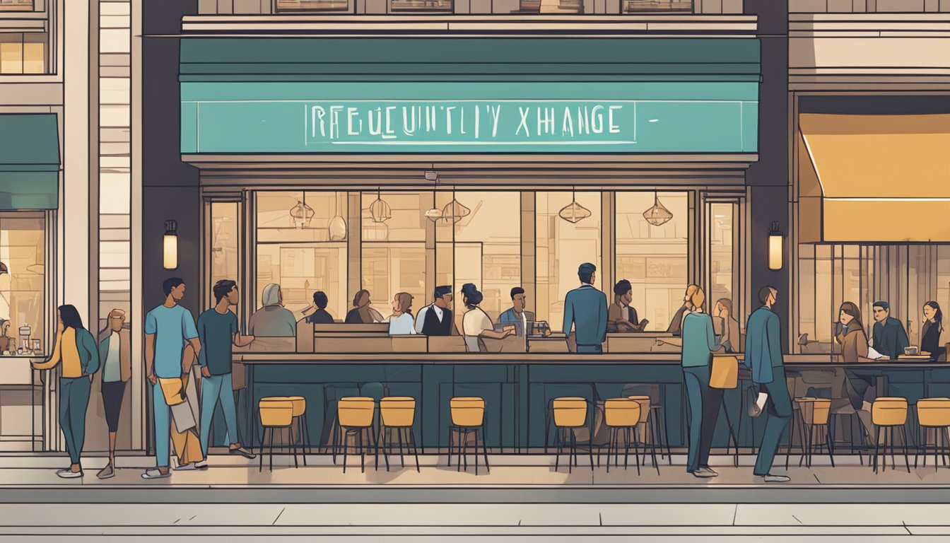 Customers approach a sleek, modern restaurant with a large sign reading "Frequently Asked Questions vision exchange restaurant." A line of people waits outside, while inside, diners enjoy their meals at stylish tables