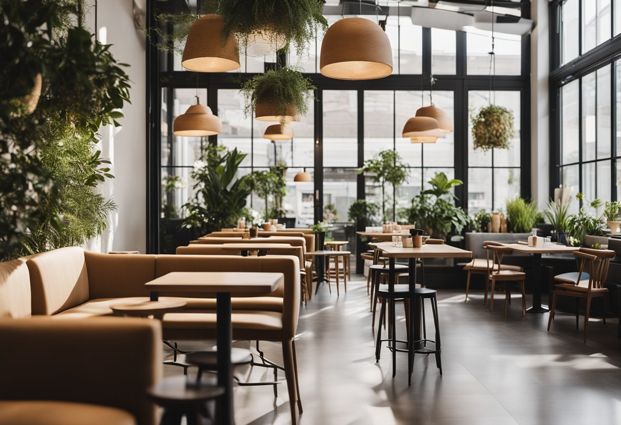 A bright, open cafe space with cozy seating areas, hanging plants, and modern decor. Large windows let in natural light, and a stylish coffee bar is the focal point