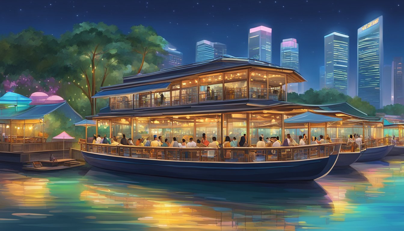 A group of floating restaurants bob gently on the calm waters of Singapore's harbor, their colorful lights reflecting off the surface, creating a mesmerizing and unique dining experience