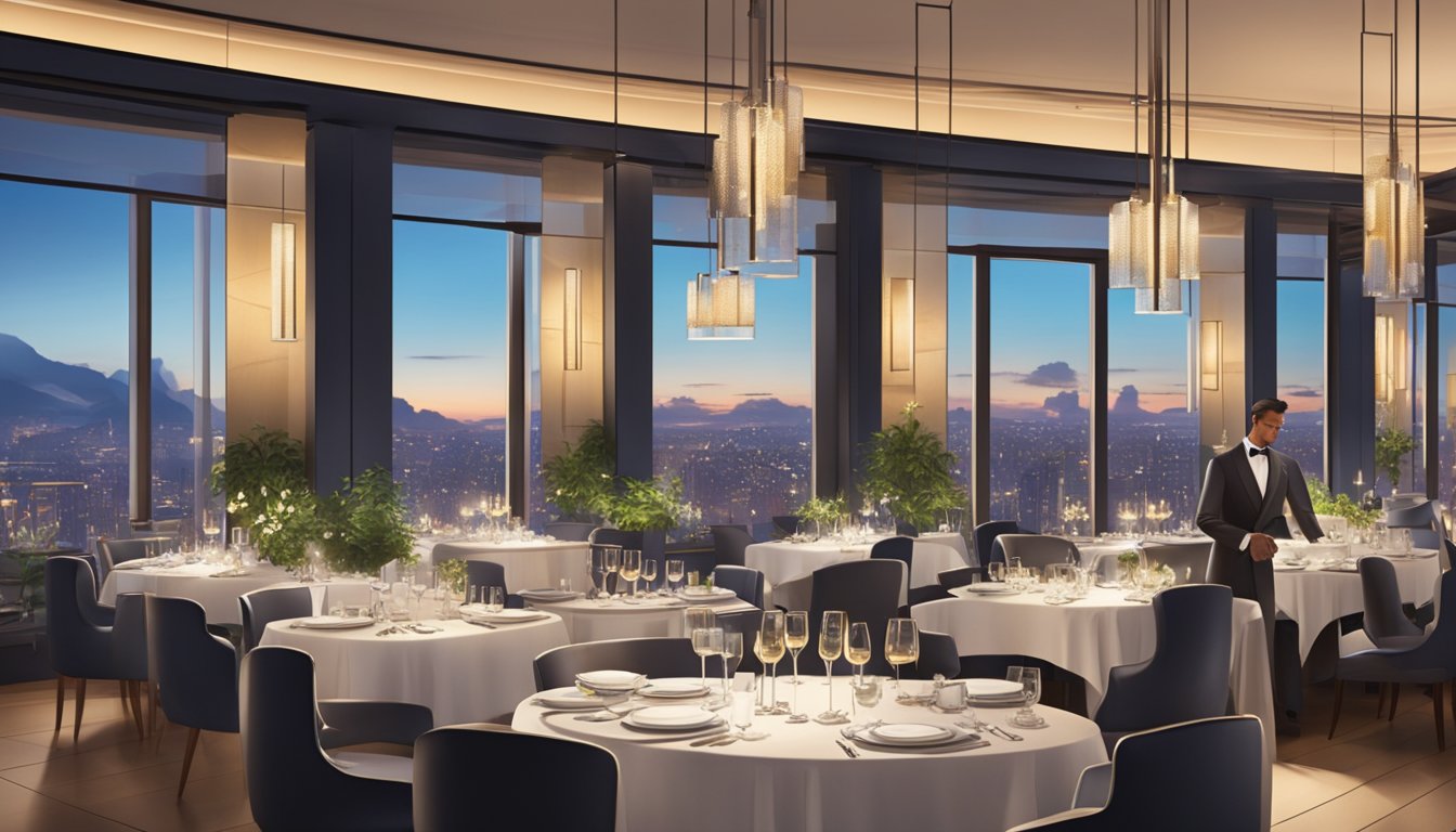 A bustling, elegant dining room with panoramic city views, adorned with modern decor and ambient lighting. Tables are set with fine linens and sparkling glassware, while chefs work diligently in the open kitchen