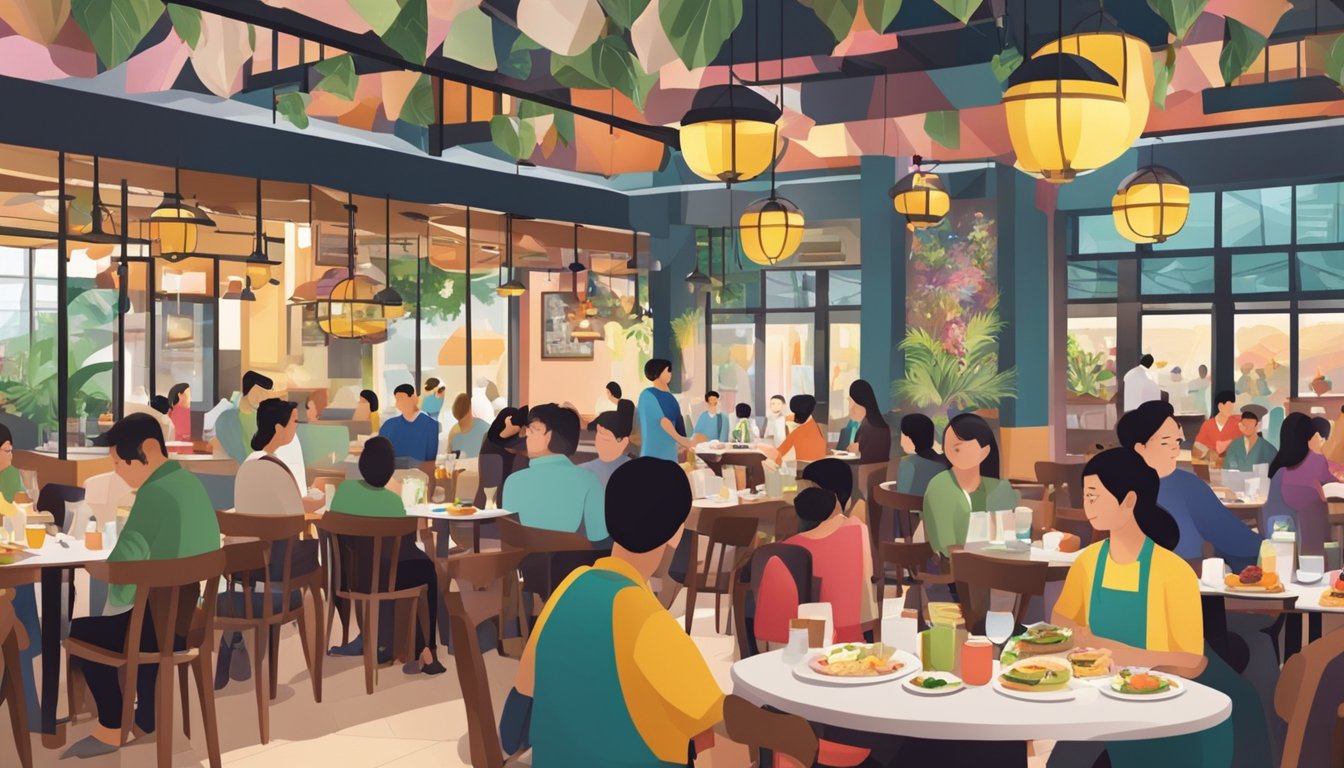 A bustling restaurant in Singapore, with colorful decor and tables filled with diners enjoying a variety of local and international cuisine