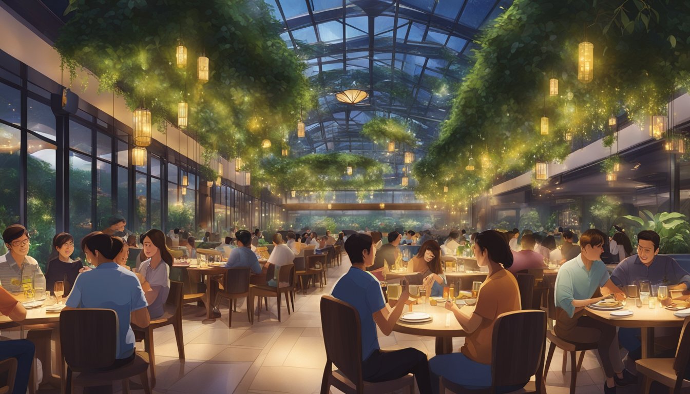 A bustling restaurant in Changi Jewel, with diners enjoying their meals under the dazzling lights and lush greenery of the indoor oasis