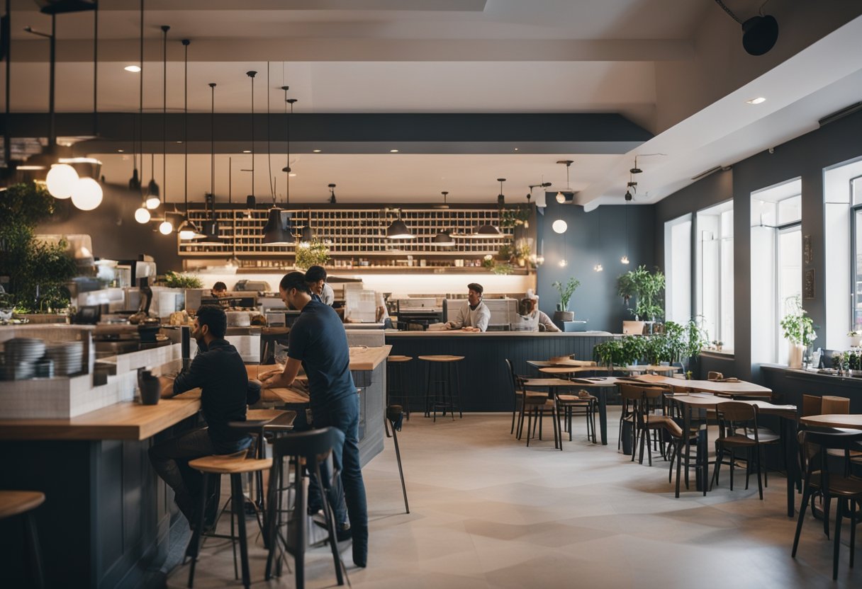 A bustling cafe with workers painting walls, installing new fixtures, and rearranging furniture to create a fresh, modern atmosphere