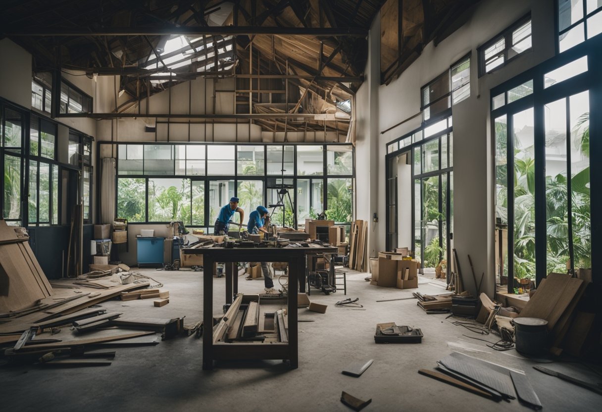 A house being transformed by a team of contractors in Singapore. Tools and materials scattered around, with workers busy renovating different parts of the house