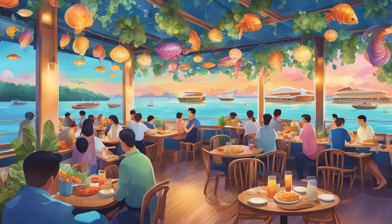 A vibrant floating restaurant in Singapore, adorned with colorful seafood dishes and bustling with diners enjoying a variety of ocean delights