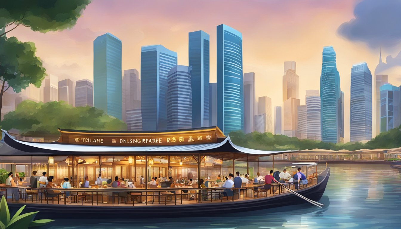 The bustling Singapore River, with a vibrant floating restaurant, surrounded by the city's iconic skyline and bustling with diners and staff