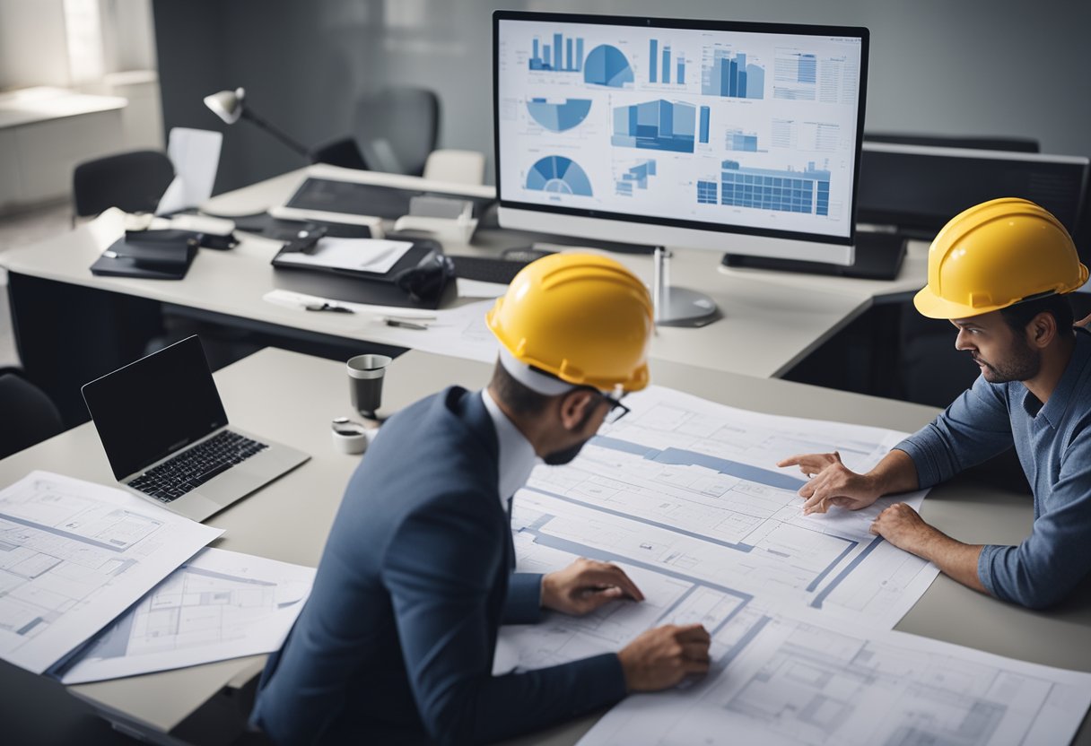 Architects drafting blueprints for a modern clinic renovation. Computer screens, drafting tools, and architectural models on the desk