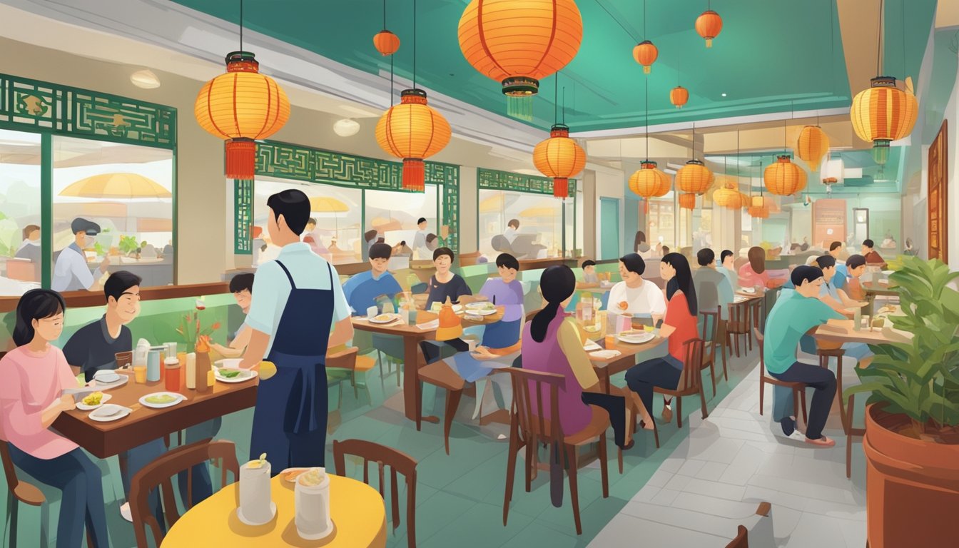 A bustling Chinese vegetarian restaurant in Singapore, with colorful decor, steaming plates of food, and happy diners enjoying their meals