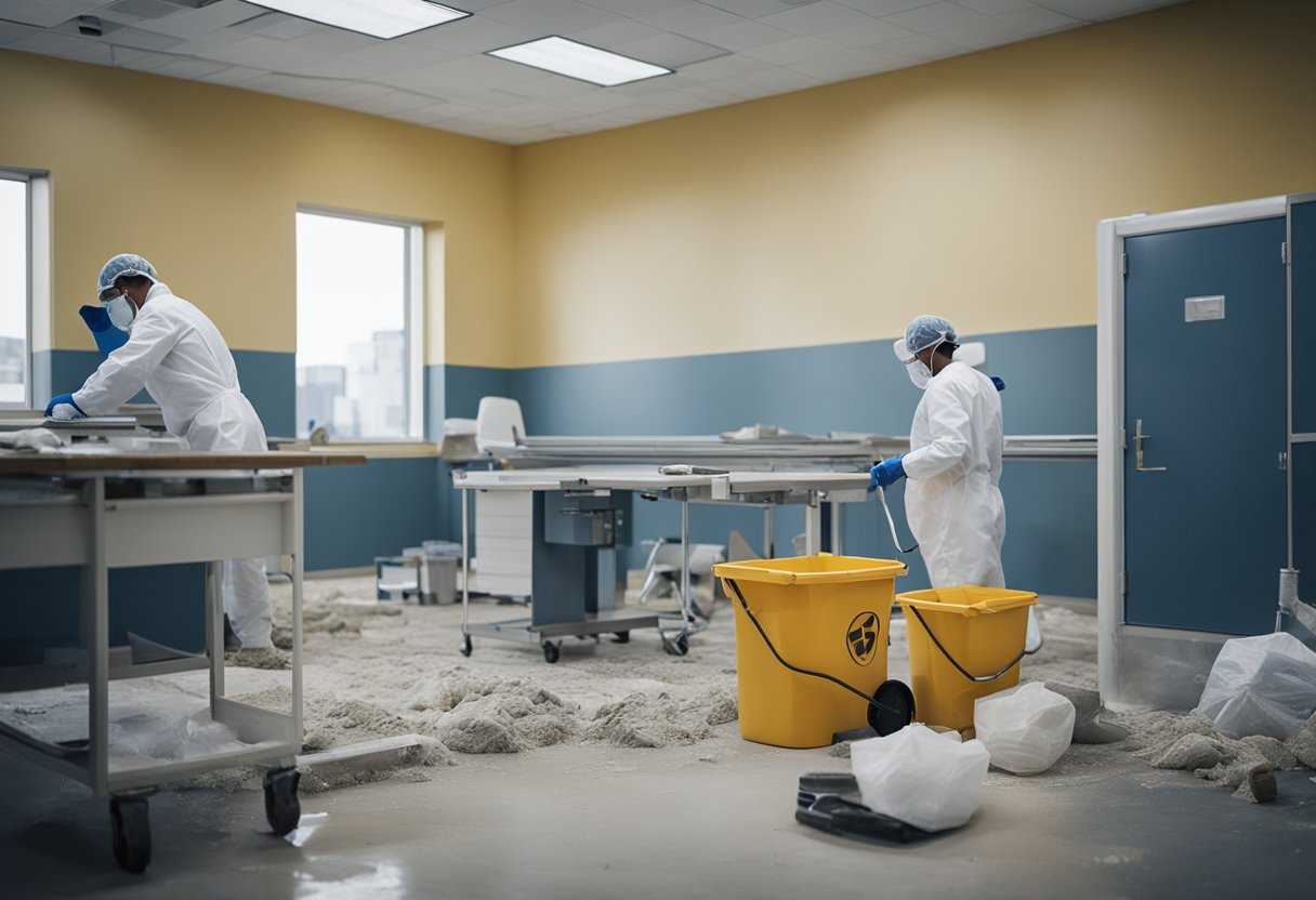 Workers renovate clinic; paint, tools, and construction materials scattered. Dust and debris fill the air as the space undergoes transformation
