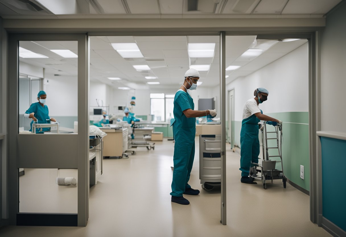 A bustling clinic undergoing renovation, with workers painting walls and installing new fixtures. Furniture and equipment are being moved around, creating an organized chaos