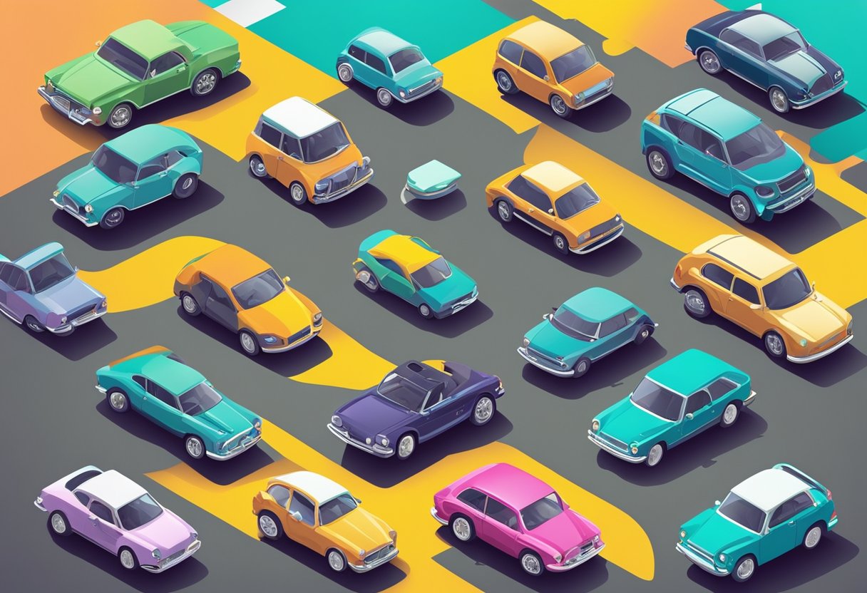 A collection of car-related baby names displayed on a colorful sign with playful fonts and car-themed illustrations