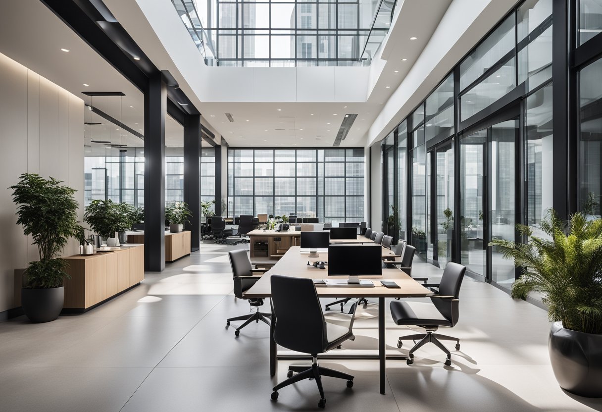 A sleek, spacious office with floor-to-ceiling windows, minimalist furniture, and high-end technology. The color scheme is neutral with pops of metallic accents
