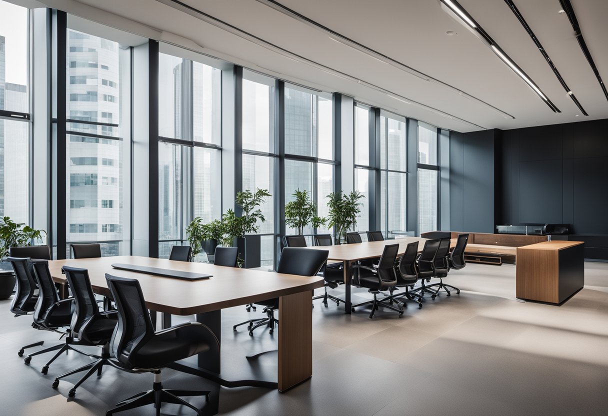 A sleek, spacious office with floor-to-ceiling windows, minimalist furniture, and high-end finishes. A large, polished conference table sits in the center, surrounded by ergonomic chairs