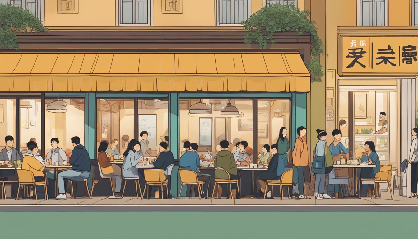 A bustling restaurant with a sign "Frequently Asked Questions xin hua restaurant" and a line of customers waiting outside. Tables are filled with diners enjoying their meals