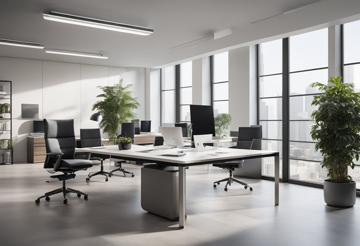 A sleek, spacious office with minimalist furniture, high-end technology, and abundant natural light. Clean lines, neutral colors, and luxurious materials create a sophisticated and professional atmosphere