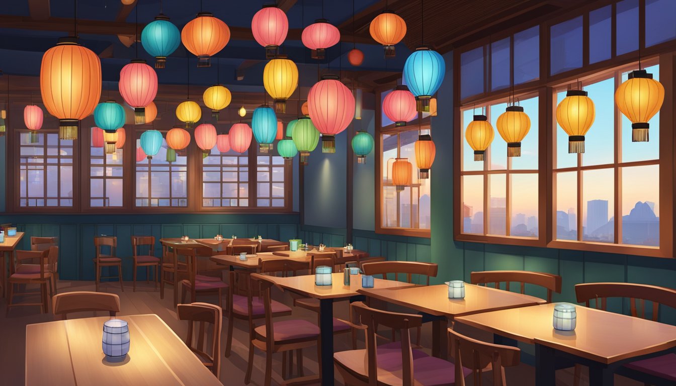 A cozy 2d1n soju bang Korean restaurant with traditional decor, low tables, and colorful lanterns hanging from the ceiling