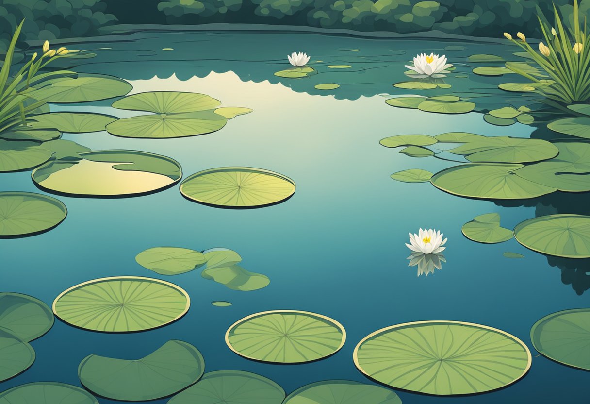 A serene lake reflecting the sky, with gentle ripples and a floating lily pad