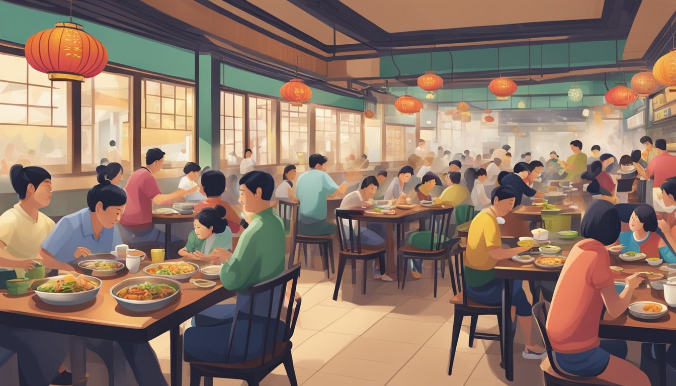 A bustling Chinese restaurant in Yishun, with steaming pots, colorful dishes, and diners enjoying their meals